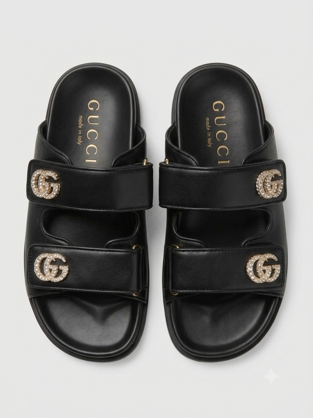 Gucci Black GG Crystal-Embellished Leather Slide Sandals